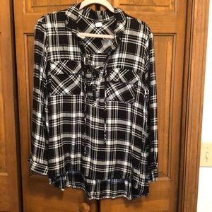 Long Sleeve Plaid Lace Up Top